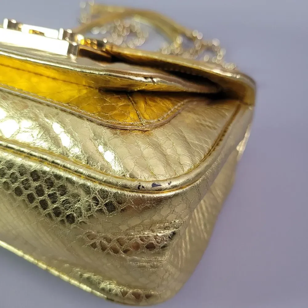 Michael Kors Mini Handbag Gold Snakeskin Embossed Chain Strap - Picture 11 of 15